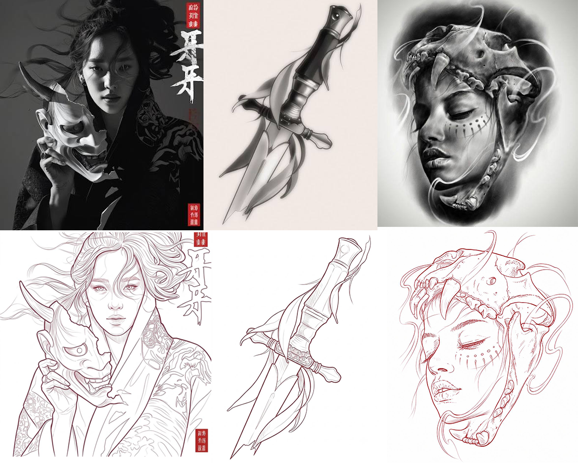 Tattoo references converted into detailed transfer-ready outlines
