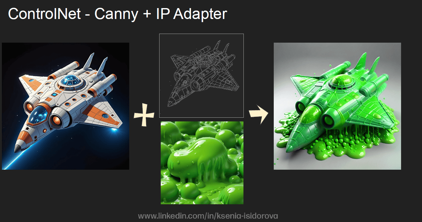 ControlNet workflow combining a spaceship outline and a material reference